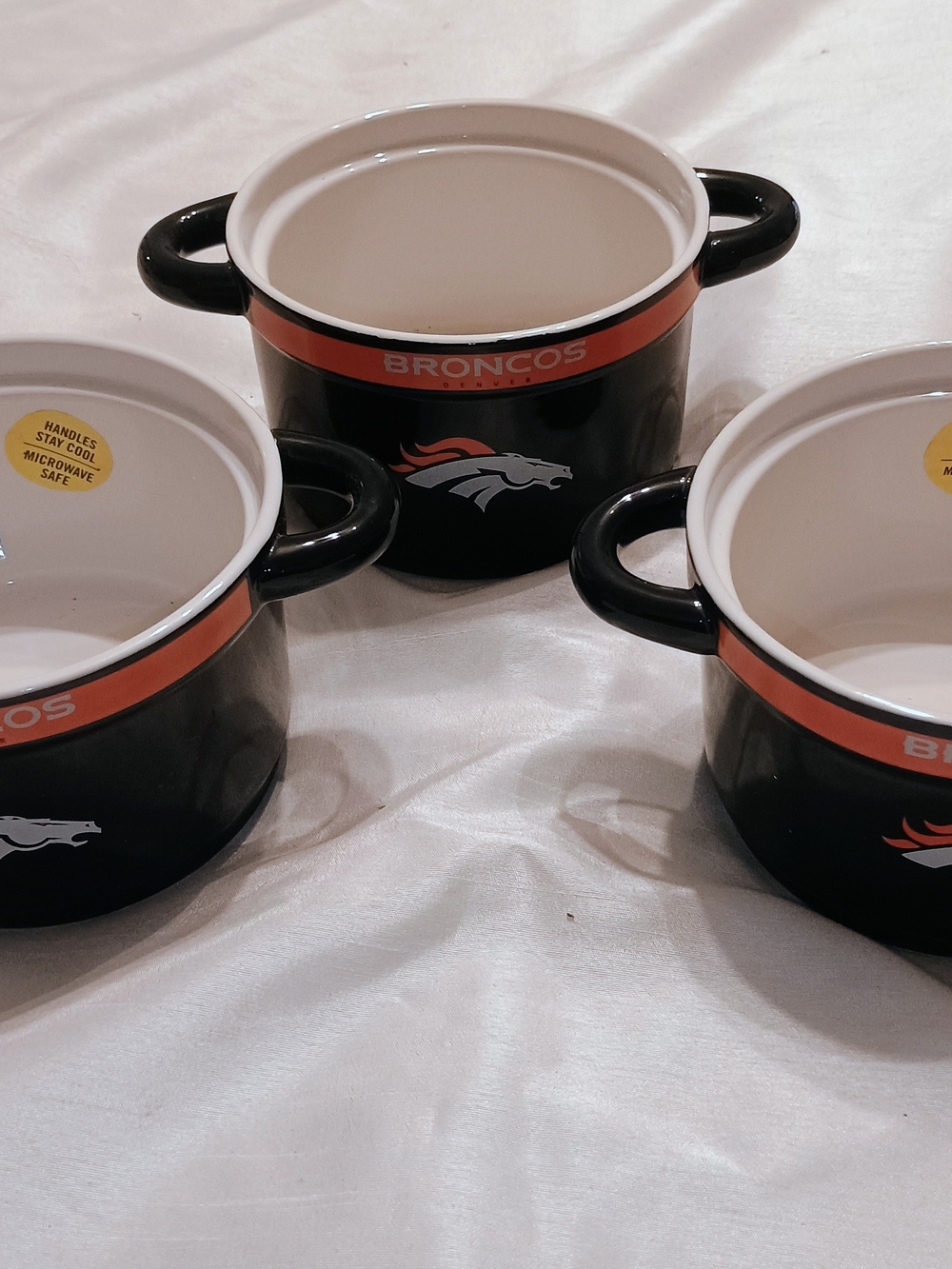 3 Denver Broncos Ceramic Soup Bowls with Handles - Blue and Orange - Picture 2 of 6